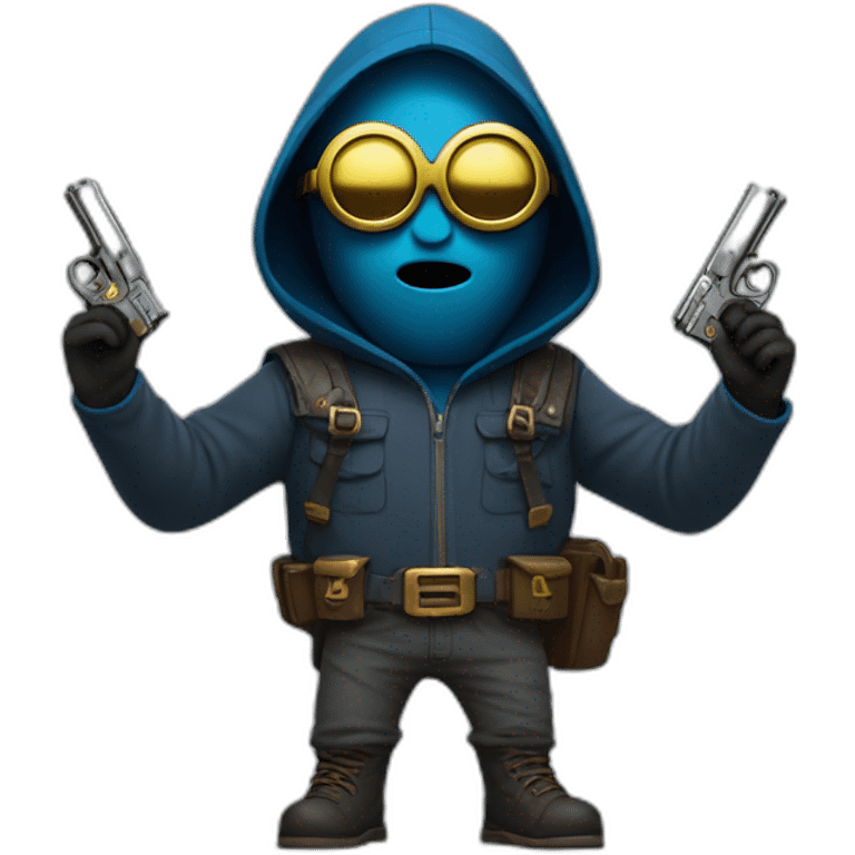 no face normal minion with glasses in hood in blue sleeveless shirt with with raised hands and pistols in each with a gold insert on the belt in gray pants and leather boots emoji