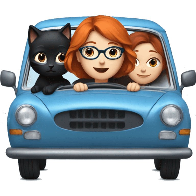 Redhead girl with glasses, driving blue car, with two black cats  emoji