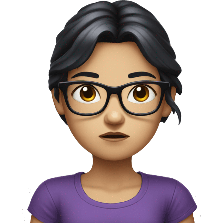 Angry scowling white little girl, purple shirt, long black hair, wearing glasses, with arms crossed over chest. emoji