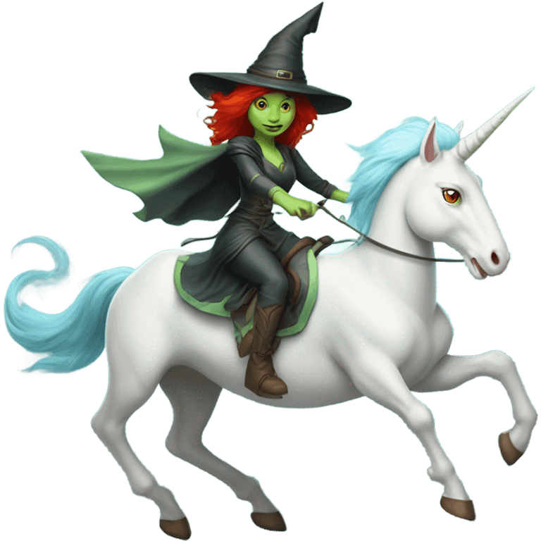 [politically incorrect
	{ female, alien, witch, color: light green, hair:red, eyes:cat} ]
	on a 
	[{ unicorn: white, legged:four, mane: light blue }] emoji