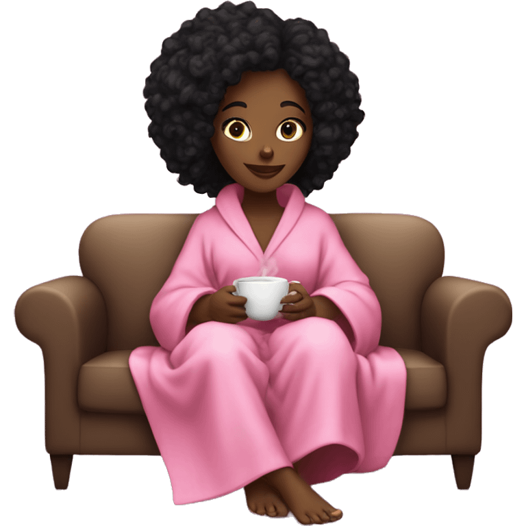 Beautiful black girl being cozy in her pink robe watching a movie and drinking a tea. emoji