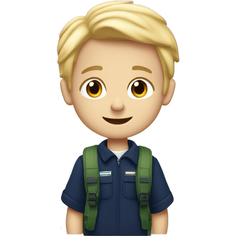 2 boys school, navy fleece, blond hair with ruck sacks emoji