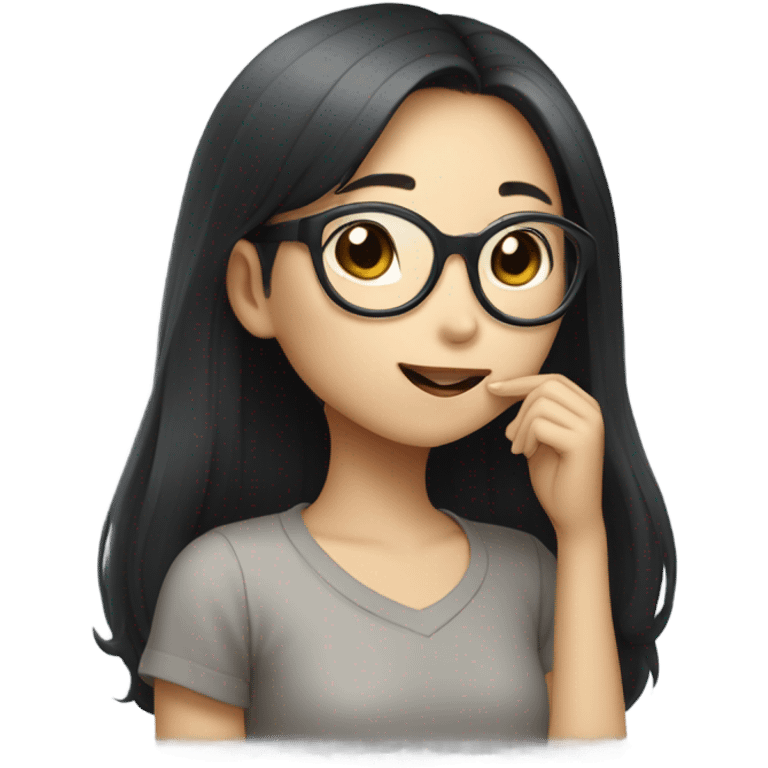 A korean girl with long black hair and circle frame glasses whispering to a grey rat emoji