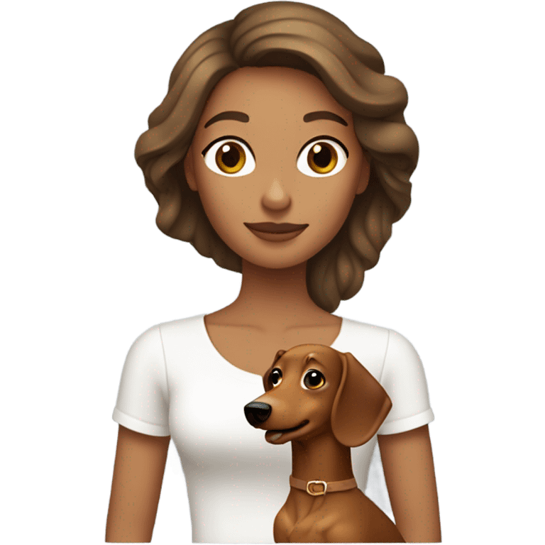 Brown haired woman with tan skin wearing white top holding a blonde long haired dachshund emoji