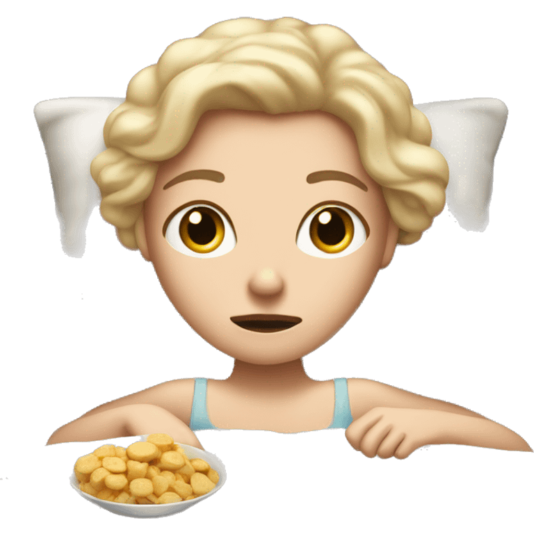 White girl awake at night in bed with snacks emoji