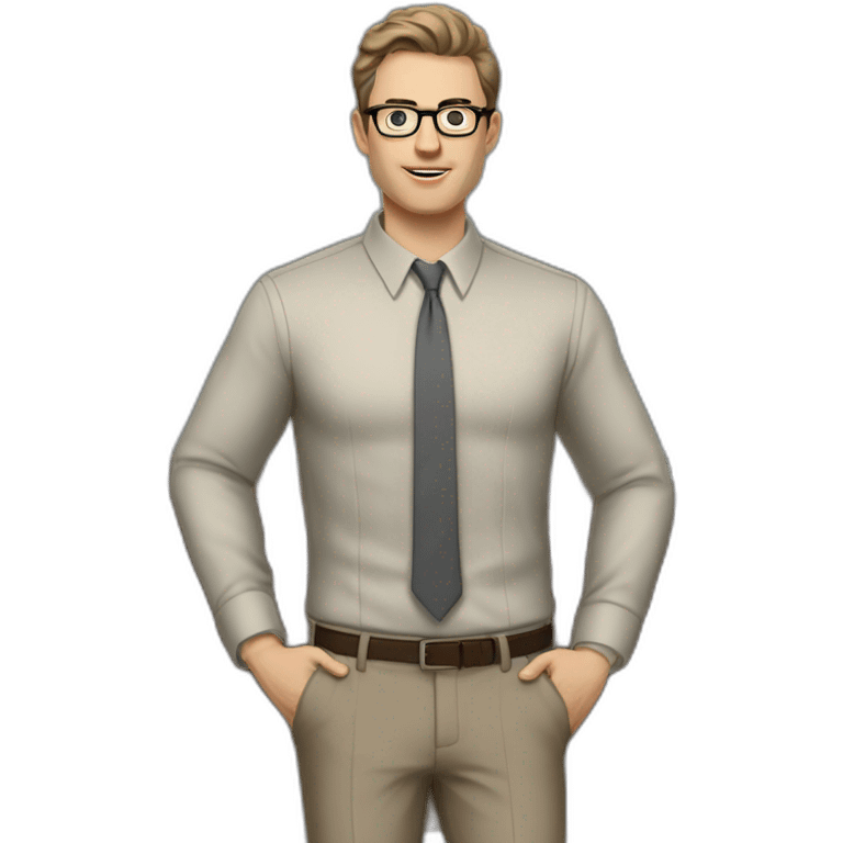 Full height Gesticulating Pale skinned fit man with dark brown hair in gray jacket, beige office shirt, brown tie, brown pants and vintage glasses. emoji