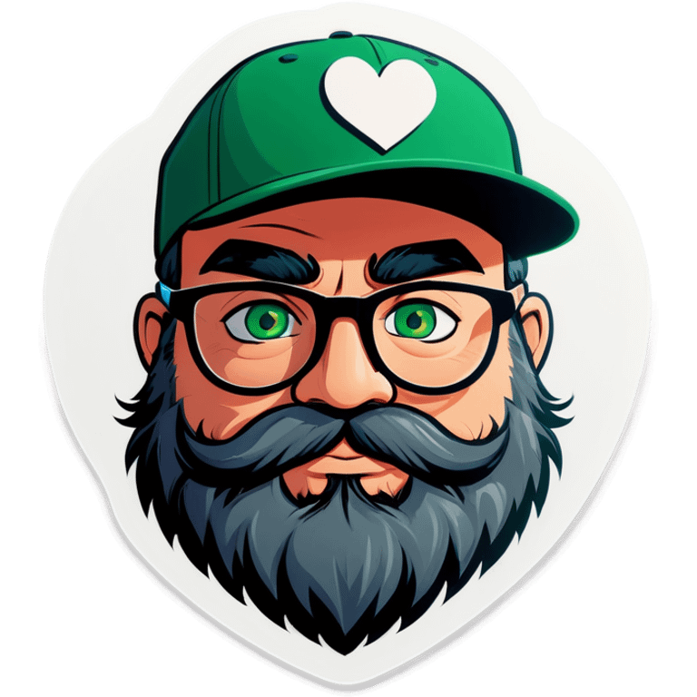 A bold man with a grey baseball cap, green eyes, big beard and glasses hugging heart emoji