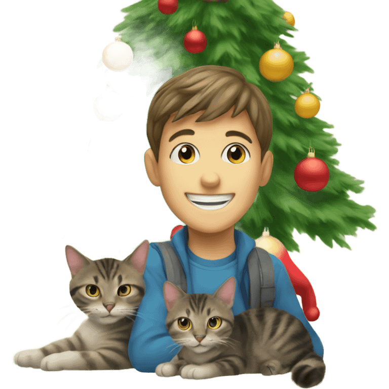 smiling boy by christmas tree and cat emoji