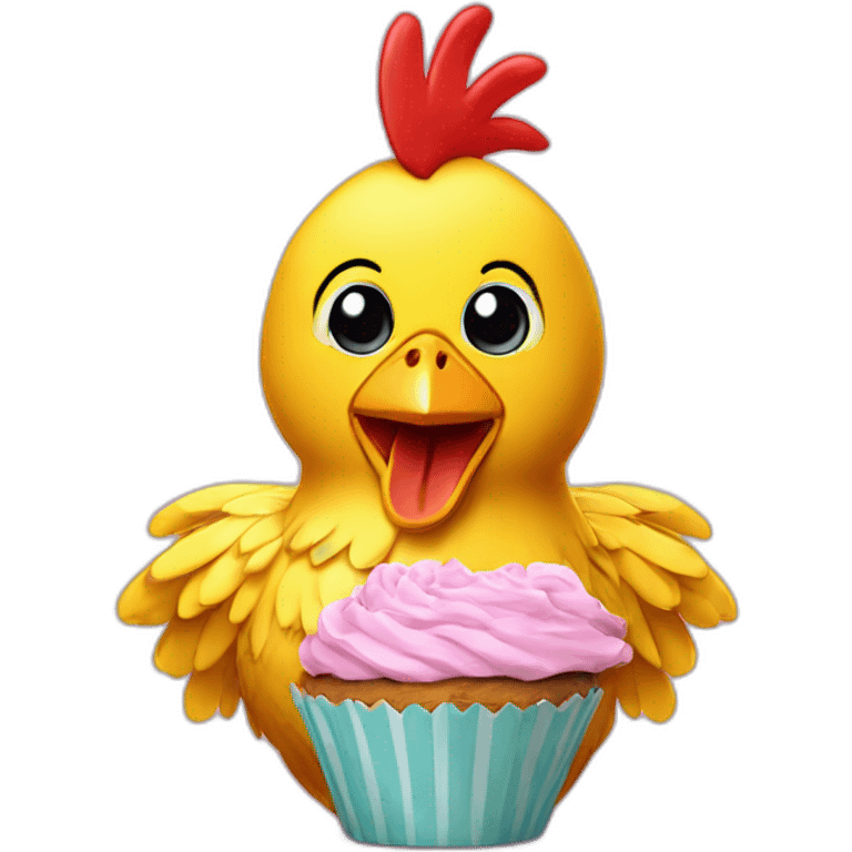 Chica is a yellow animatronic chicken with a bib and a cupcake emoji