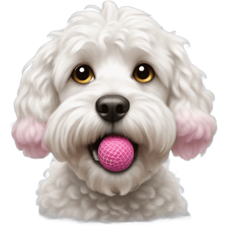 White cockapoo dog with pink tennis ball in mouth emoji