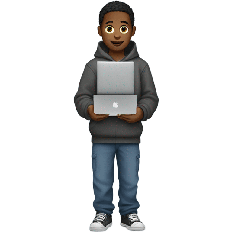 boy wearing a hoodie and baggy pants with a macbook in his hand emoji