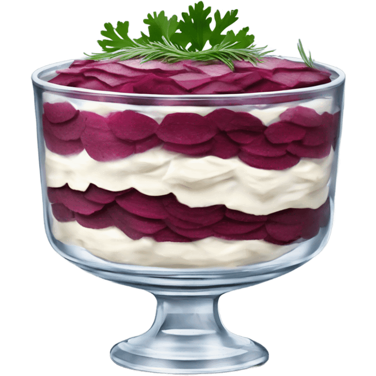 Shuba russian Layered Beet dish  with Herring and mayonnaise in Crystal bowl, dill on top  emoji