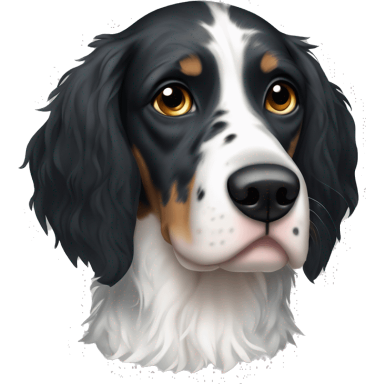 black and white English Setter face with asymmetrical black eye patches and no brown hair emoji