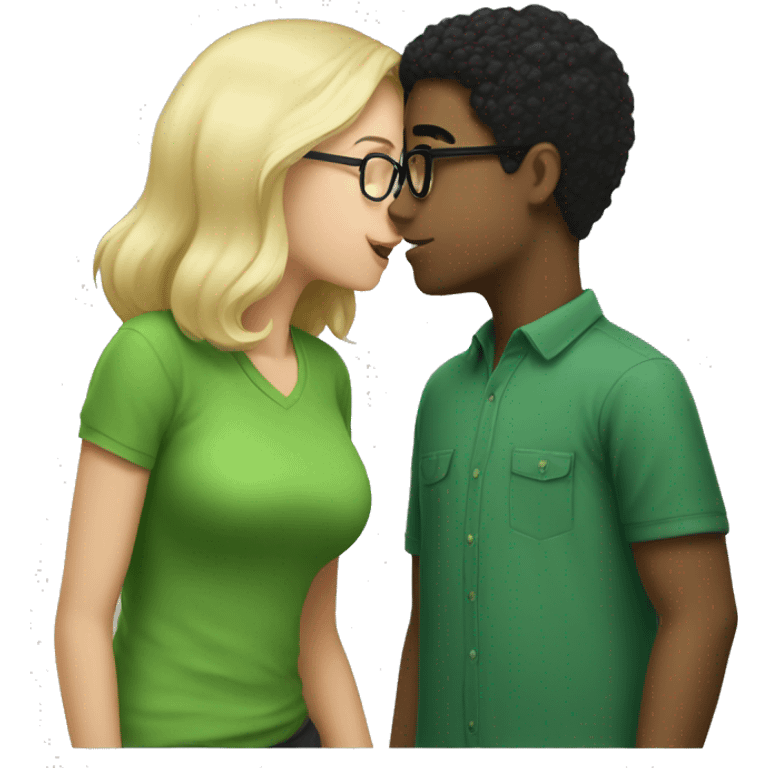 Girl with black hair and glasses wearing a green shirt kissing a boy with blonde hair and glasses, also wearing a green shirt emoji