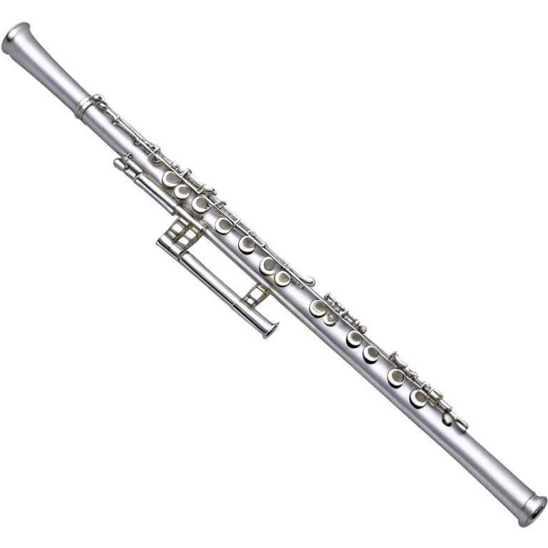 Create an elegant and refined emoji representing a classical silver flute. The design should showcase the sleek, polished silver body of the flute with its keywork and tone holes clearly visible. Highlight the smooth, straight shape of the instrument with subtle light reflections on its metal surface. The keys should be delicately detailed, with their small, round pads visible. Add a slight shine to the flute’s surface to reflect its high-quality craftsmanship. Optionally, include subtle musical notes floating around the flute to evoke its light, melodic sound. The background should be transparent. emoji