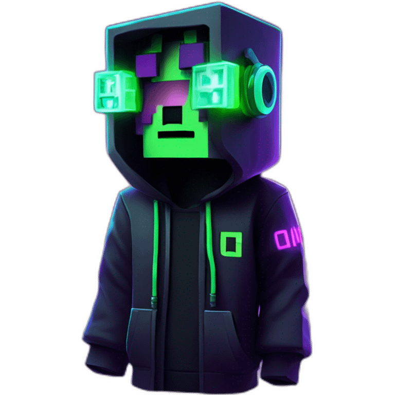 Minecraft Creeper wearing a black hoodie with "OMG" letters on it and VR headset in a cyberpunk VR environment with violet neon lighting. emoji