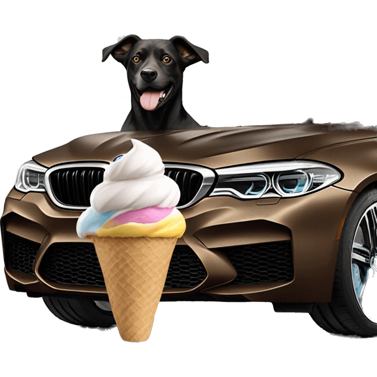 Dog In BMW M5 F90 eat ice cream emoji