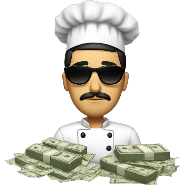 mexican men with black sunglasses, black short hair, dressed as chef, very sad, with dollars in one hand and food on the other emoji