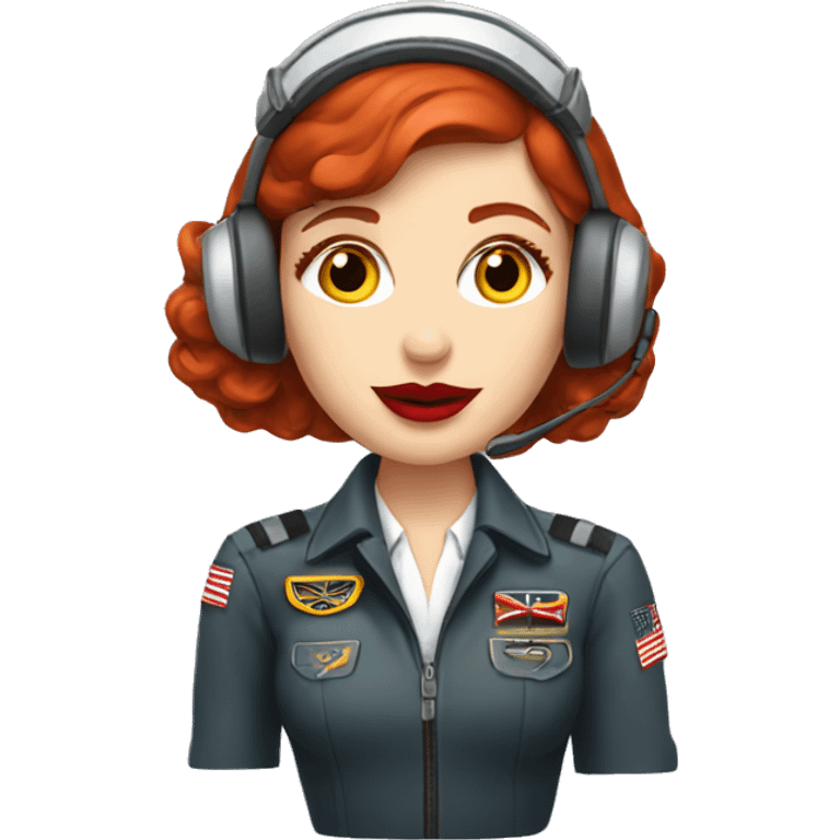 Redhead American pilot girl with red lips with airplane pilot headset   emoji