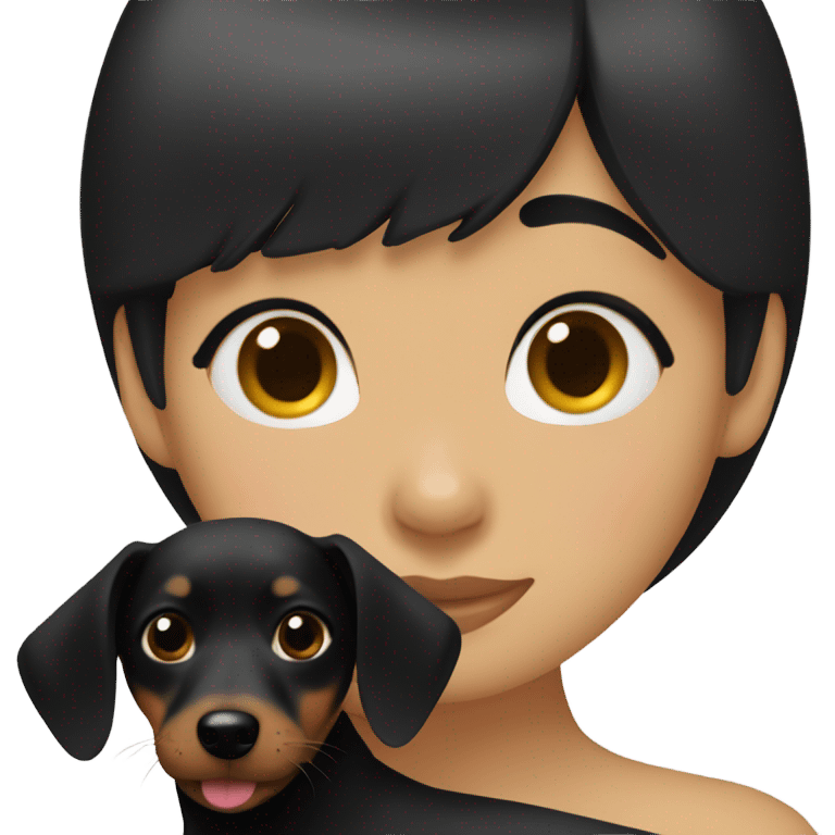 Asian woman with black bob bangs hugging black dachshund emoji