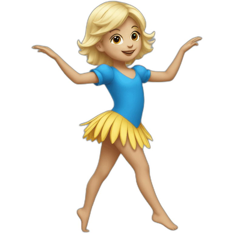 little blonde girl dancing in a blue bird costume emoji