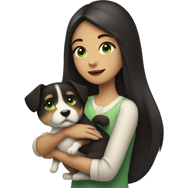 a girl with green eyes and dark hair holds a Shibu Inu dog in her hands emoji