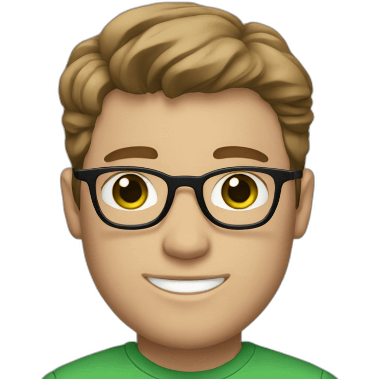 white man with medium brown hair wearing glasses, with green eyes, with freckles and braces emoji