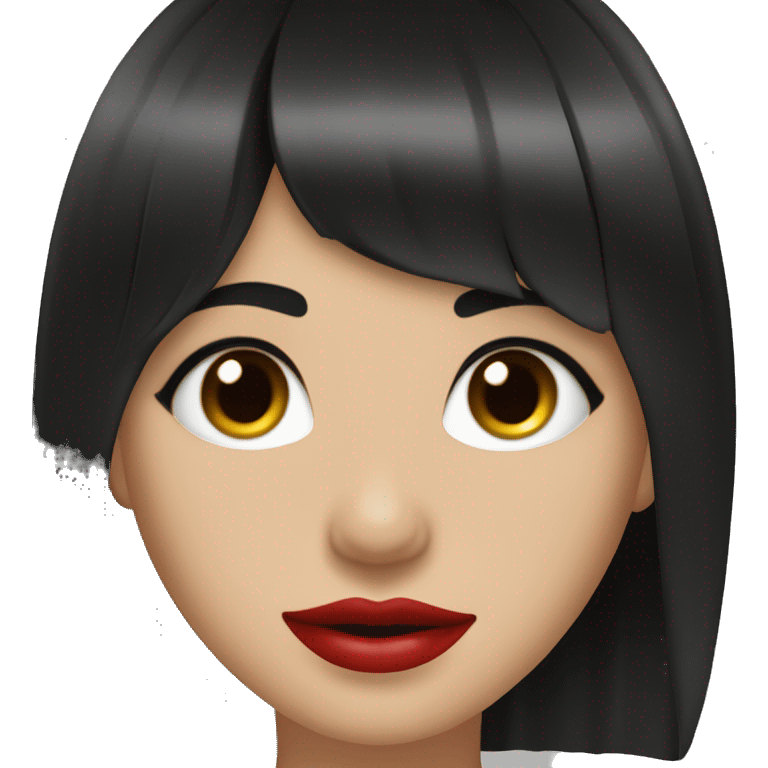 pretty girl with black hair reaching below the armpits with curtain style bangs. red lips, brown eyes, fair skin emoji