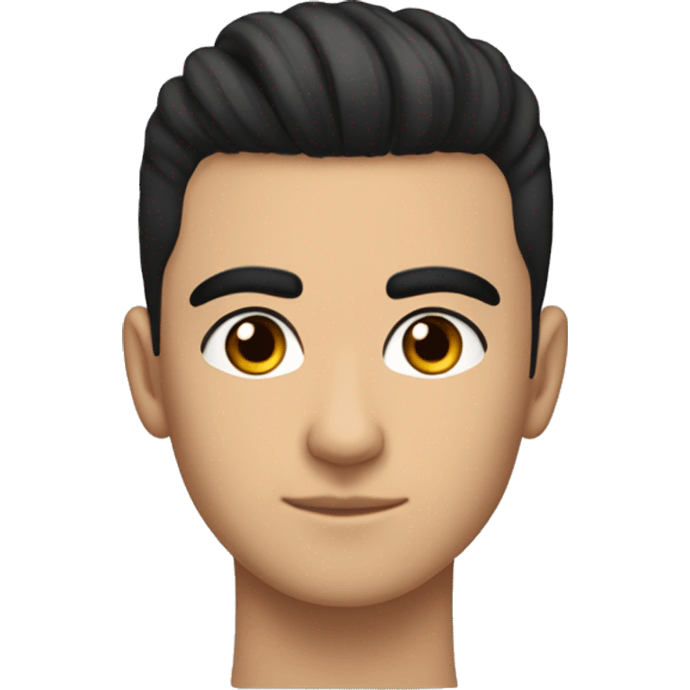 a forward-styled haircut with shaved sides black hair straight, thick black eyebrows, an average nose, and black eyes. teenager 15 years old guy turkish teen emoji