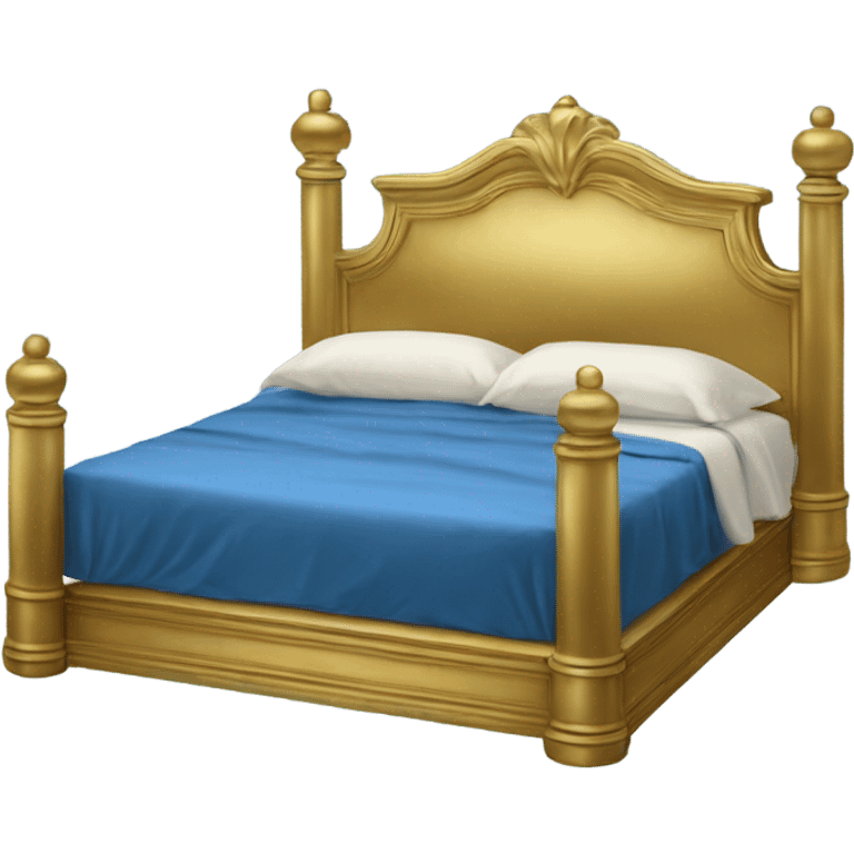 eighties bed with blue sheets and gold brass frame emoji