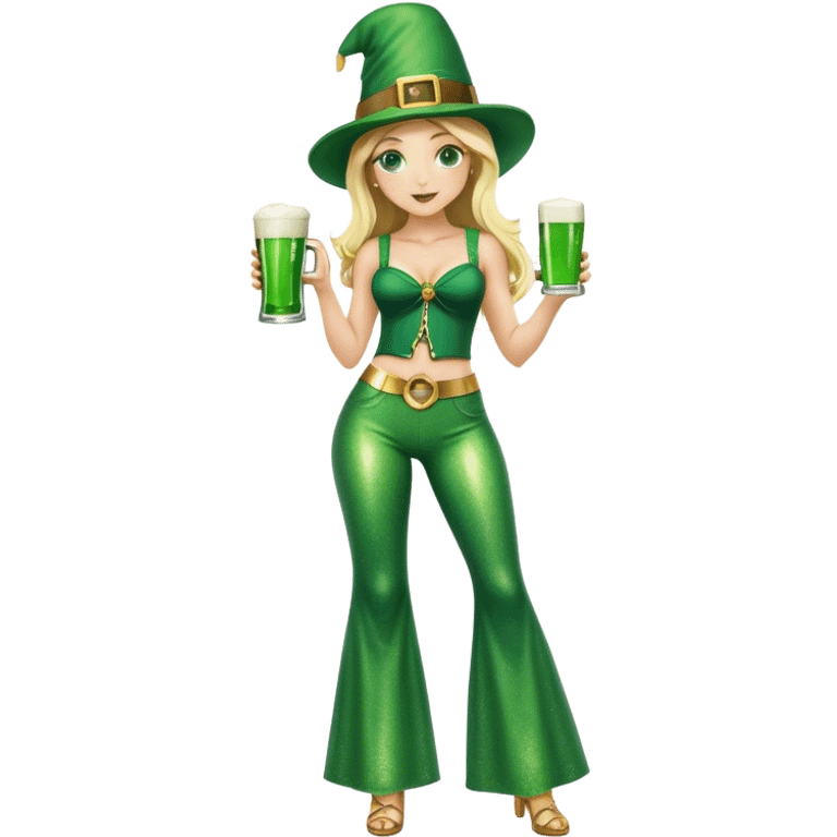 Blonde haired girl in glittery green bell bottoms and tall leprechaun hat holding a green beer emoji