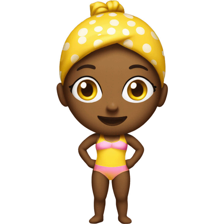 simple yellow emoji wearing pink swimsuit with white polka dots  emoji