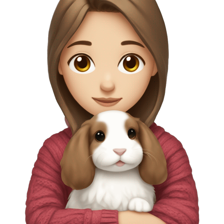 Brown hair girl in a sweater hugging a white mini lop emoji