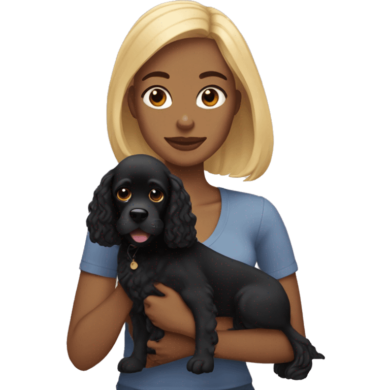 Mixed race woman with blonde hair holding black cocker spaniel emoji