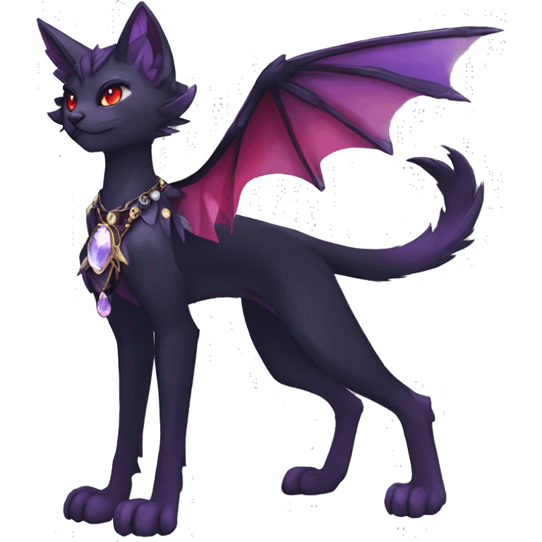 cool cartoon anthro edgy distinguished ethereal elegant beautiful fantasy black purple red ethereal fantasy nargacuga-Noivern-cat-Quiana-Fakemon collar harness moon gem jewels full body emoji