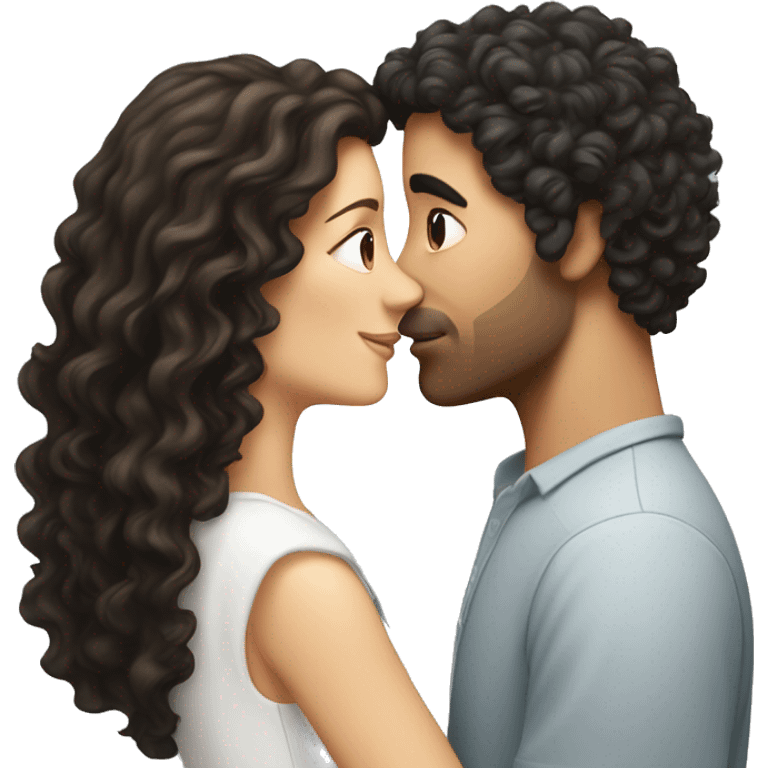 White Man with dark hair kissing white woman with long dark curly hair emoji