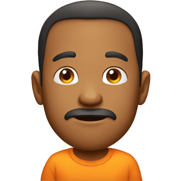 man with orange tshirt thinking with finger on chin emoji