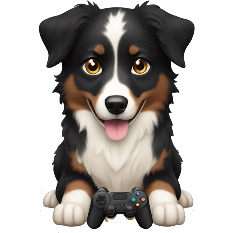 Small black australian shepherd dog with beige video game controller  emoji