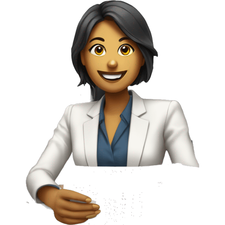 generate a smile of a woman in a business suit sitting at a computer and a pile of papers on the table emoji