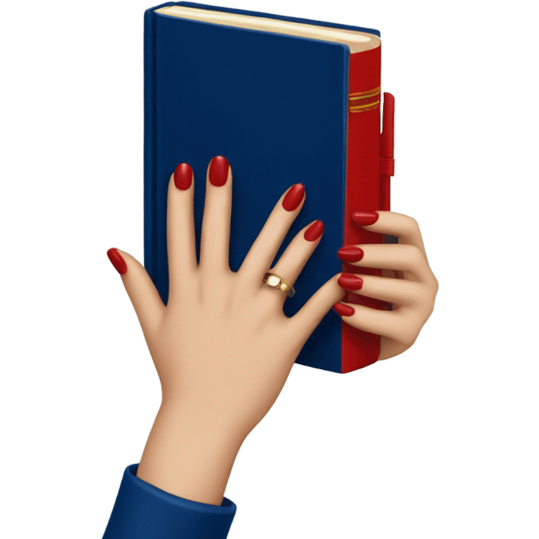 a hand with a red manicure holds a dark blue diary emoji