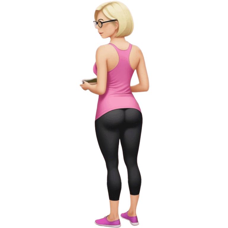 View from knees up, view from the back, fair skinned woman, curvy, short blond hair, small reading glasses, cooking dinner in kitchen, pink loose tank top, showing natural B cup breast shape SFW, black yoga pants, large curvy booty emoji