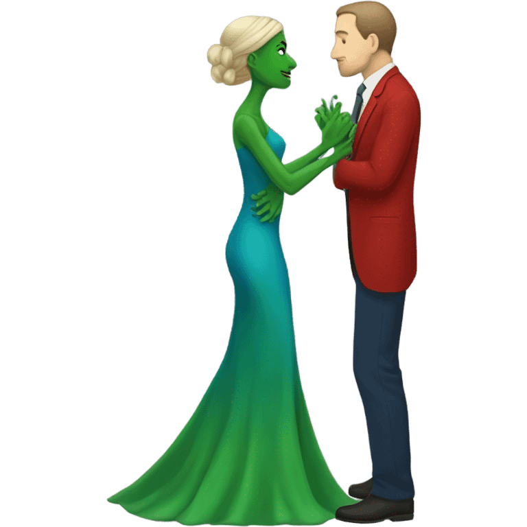 Beatiful tall green skin female reptilian in red dress, kissing white man in blue dress, full figure, full body emoji