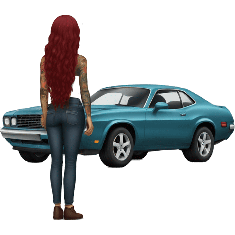 Beautiful tattooed burgundy long haired woman standing next to a car emoji