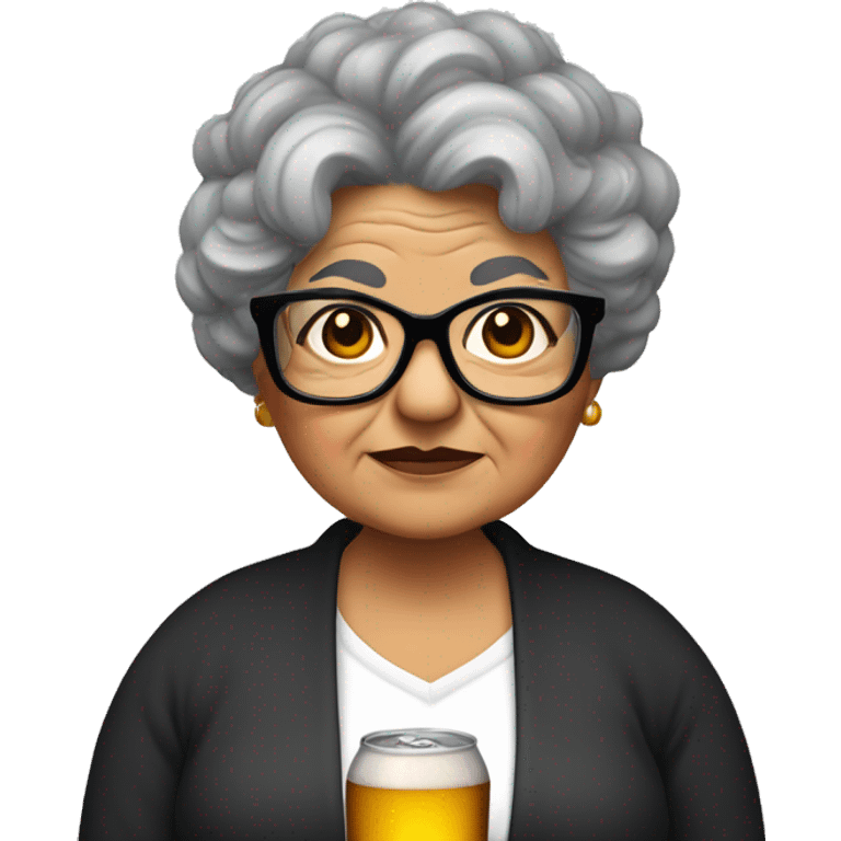 Chubby Mexican grandma with long curly black and gray  hair and glasses and a corona beer emoji