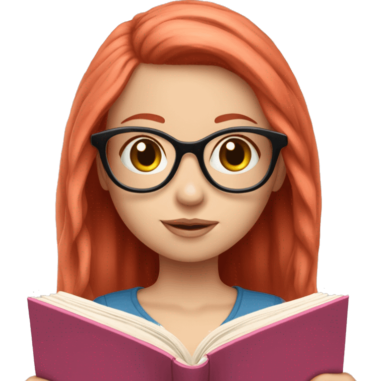 Pale girl with red hair and glasses reading a book she’s got a cute pink outfit emoji