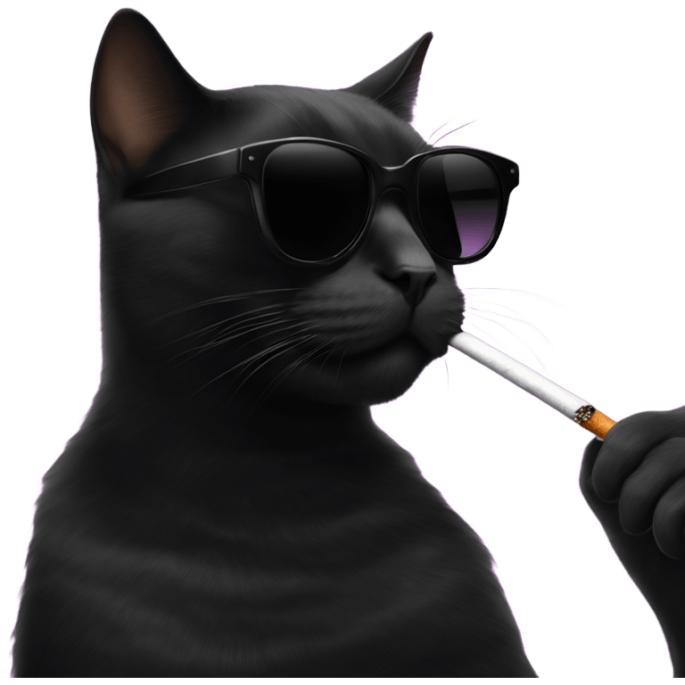 A black cat with black box shaped sunglasses smoking a cigarette  emoji