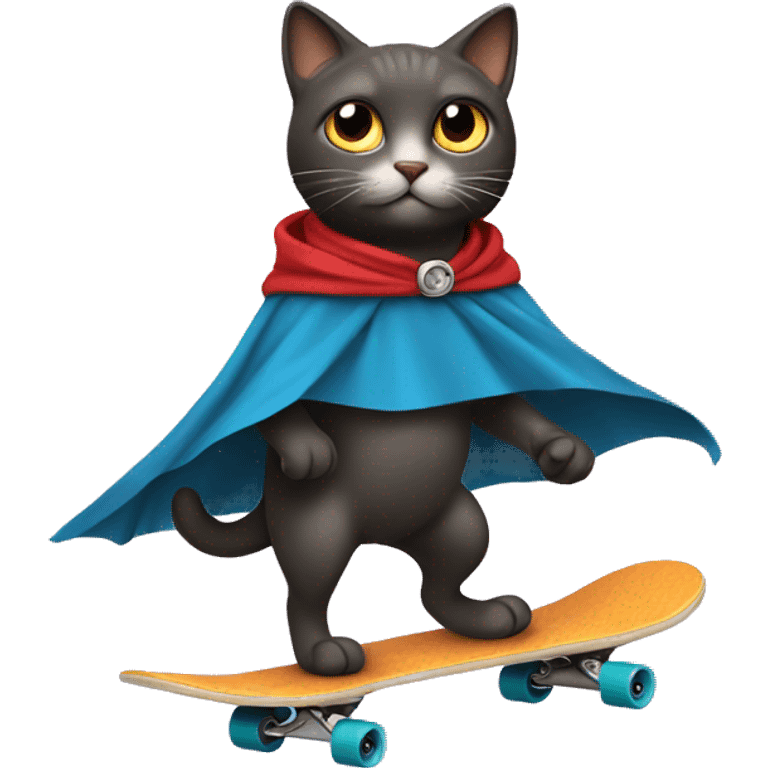 A cat riding a skateboard while wearing a cape. emoji