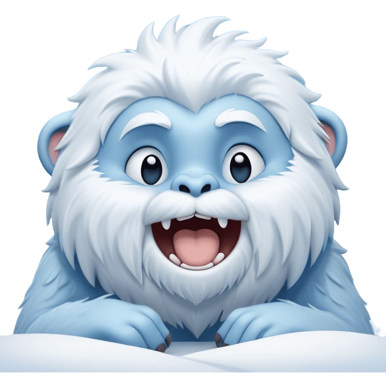 Cinematic Cute Yawning Yeti Portrait Emoji, with a charming, fluffy, snow-dusted figure in gentle whites and cool blues, head tilting back in a wide, endearing yawn with softly closed, peaceful eyes and a content little smile, simplified yet irresistibly adorable, highly detailed with a soft, frosty glow and outline capturing the serene slumber of a yeti! emoji