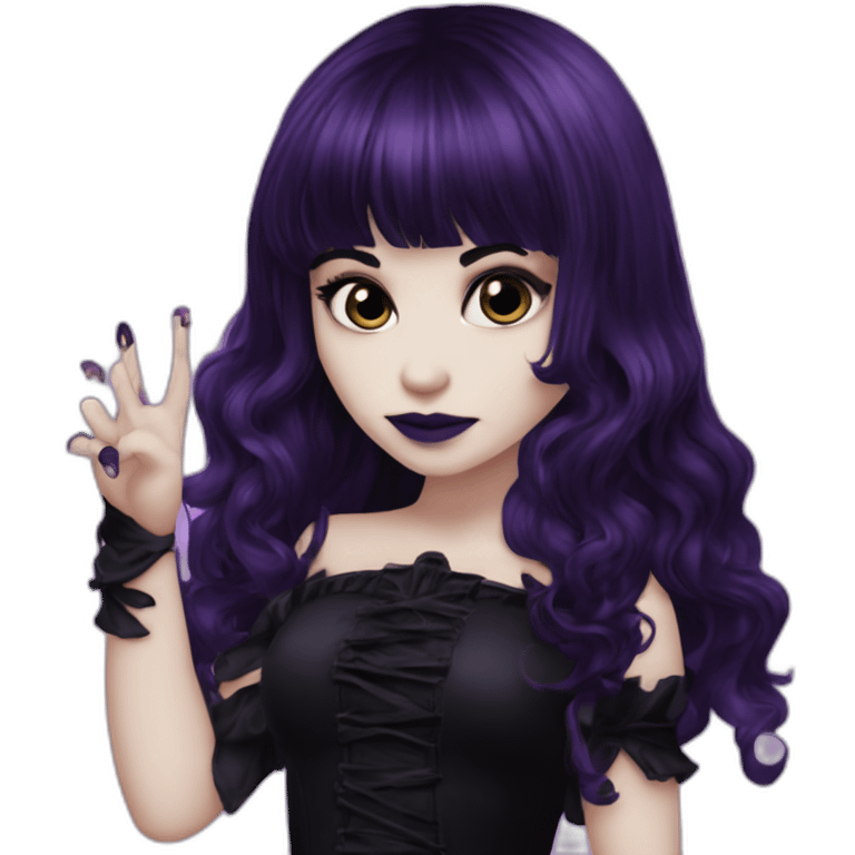 Elissabat -with bangs -long-hair-dark-plumpurple-and-black-vampire-goth-makeup-pinkeyes-romanticgothcloses-do a midele finger emoji