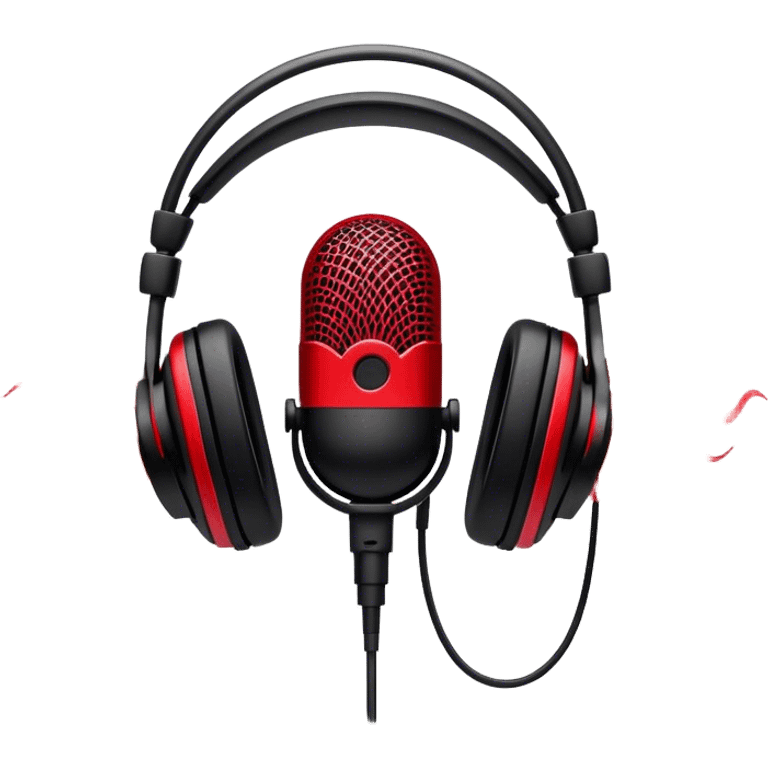 Create a dynamic and energetic emoji that represents beatboxing. The design should feature a stylized microphone with sound waves emanating from it, symbolizing vocal percussion and rhythm. Add elements like headphones or a subtle speaker to emphasize the music production aspect. Use bold colors like black, white, and red to convey the intensity and creativity of beatboxing. The background should be transparent. emoji